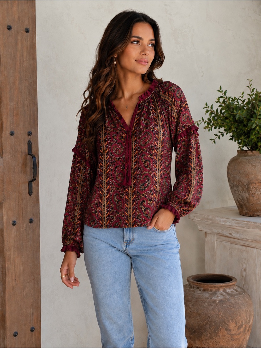 Umgee Burgundy Paisley Tie-Neck Peasant Blouse